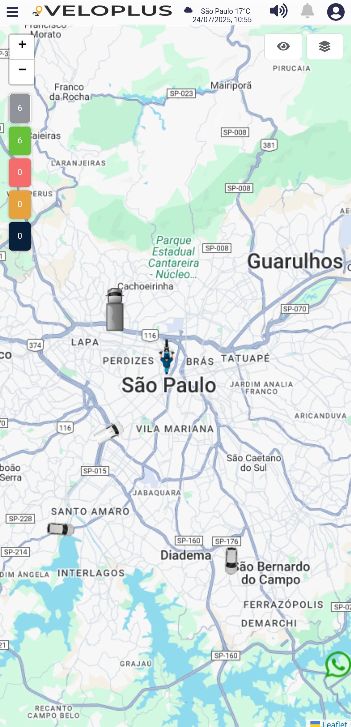 Aplicativo VeloPlus no celular mostrando mapa de rastreamento
